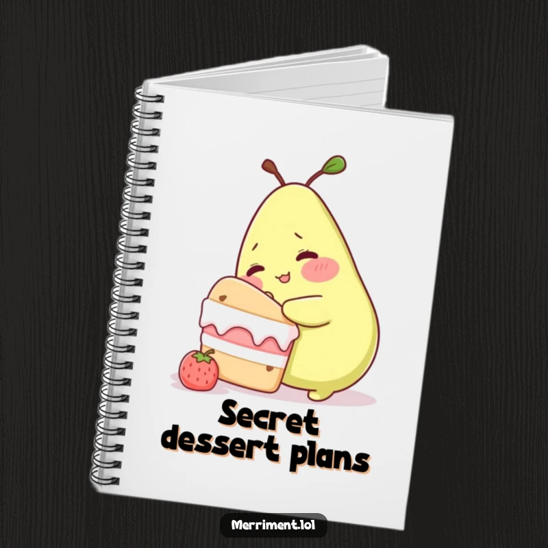 Funny notebook cover with a blushing pear character trying to sneak cake, ideal for jotting down sweet ideas and humorous notes.