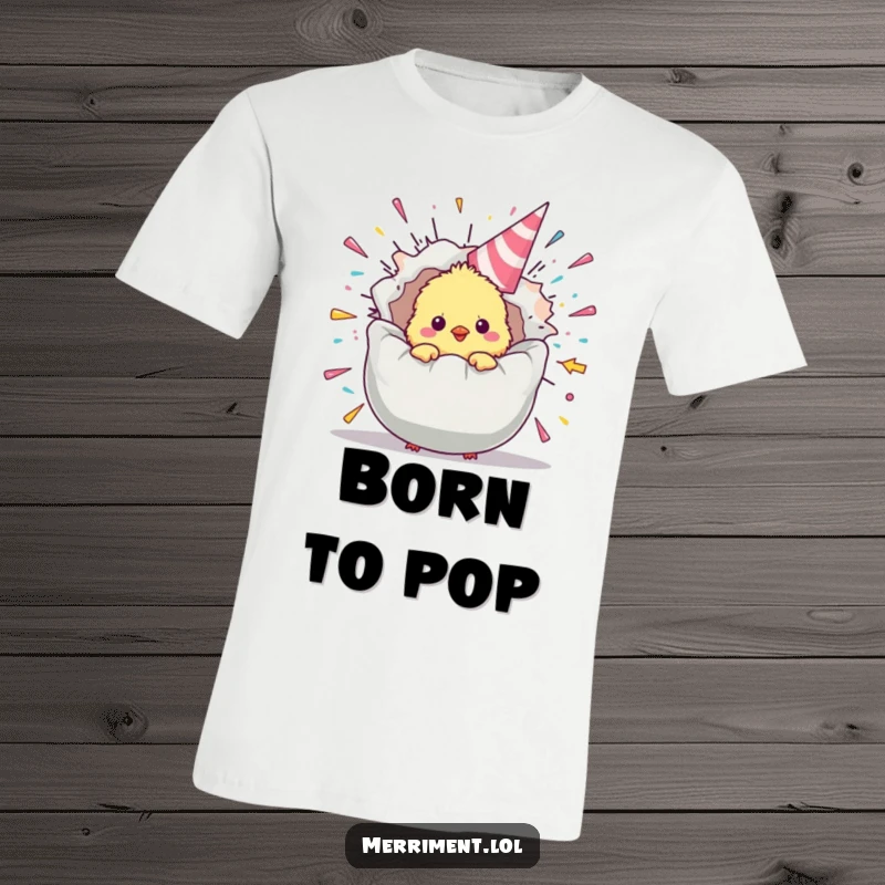 Funny chick t-shirt featuring a cute fluffy bird emerging from an exploding party popper, a joyous and humorous apparel choice.