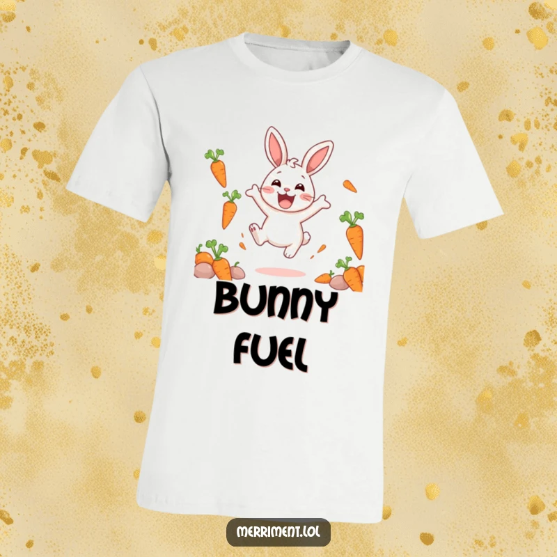 Funny t-shirt depicting a delighted rabbit character enthusiastically bouncing with excitement, amidst a playful scattering of floating carrots.