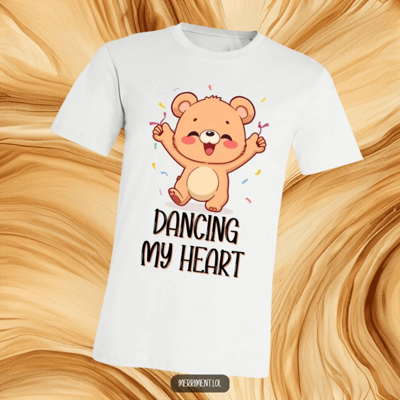 Funny t-shirt showcasing a gleeful bear cub wearing streamers and dancing exuberantly with pure, uninhibited joy.