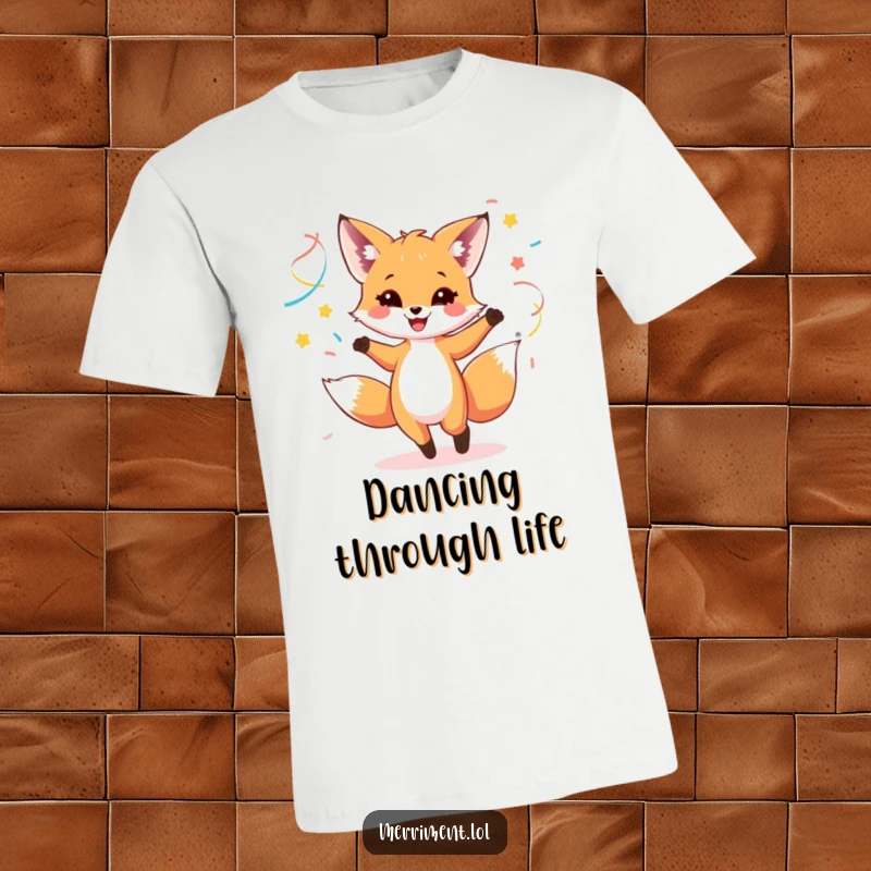 Funny t-shirt of a happy fox cub dancing joyfully amidst colorful streamers, embodying pure celebration.