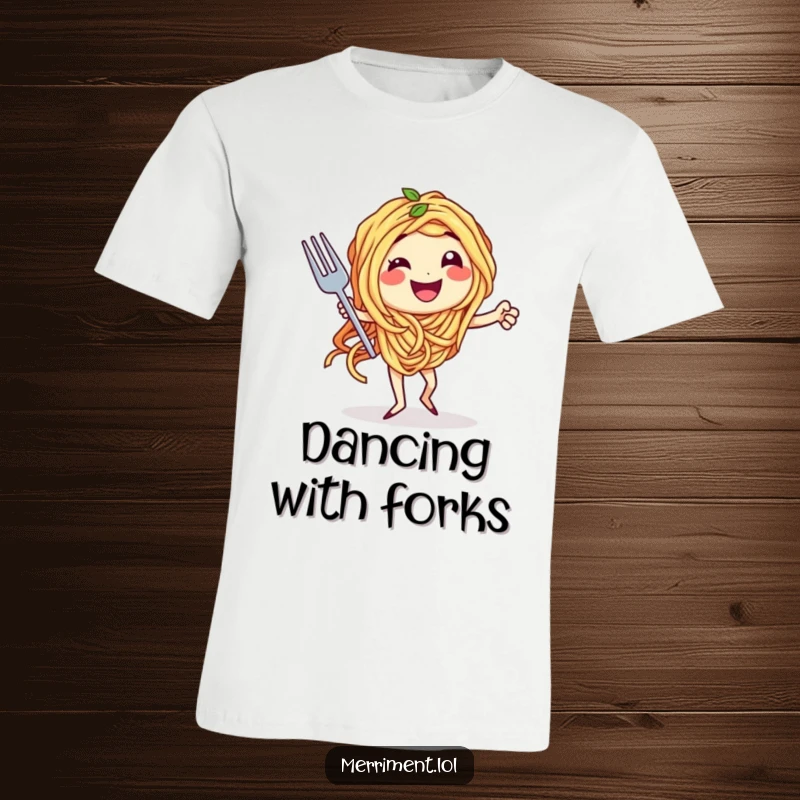 Funny t-shirt graphic of spaghetti character doing a passionate tango with a fork, a humorous and dynamic food-themed design.