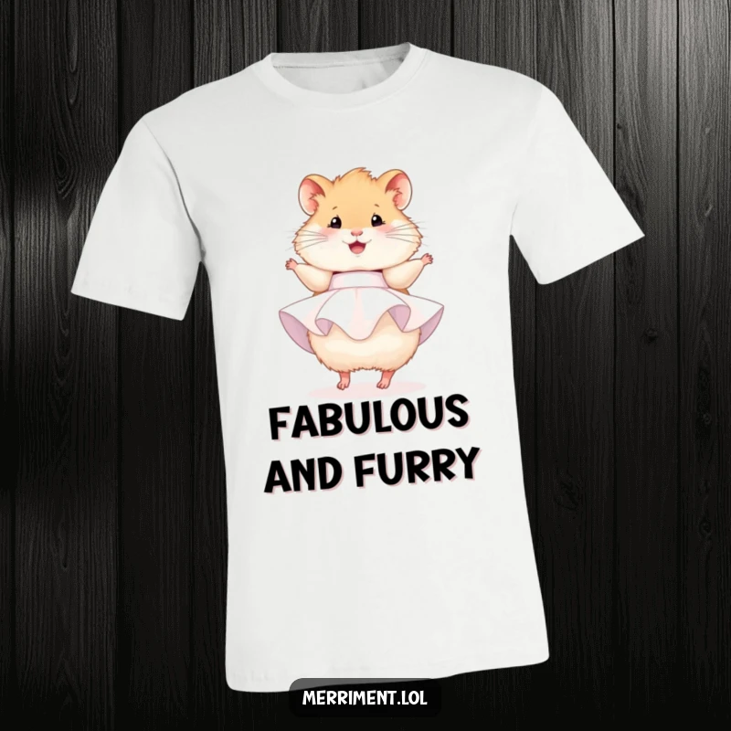 Funny hamster t-shirt, a cute, fluffy hamster wearing a small party dress, joyfully twirling around.