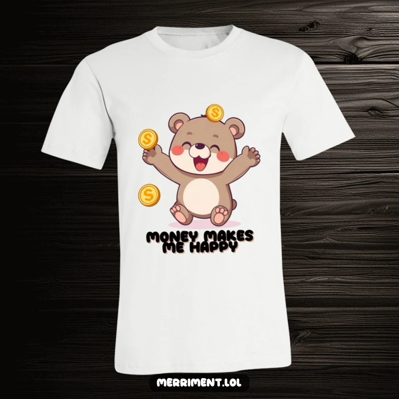 Funny t-shirt depicting a delighted bear cub enthusiastically tossing three shiny golden coins in the air, full of playful energy.