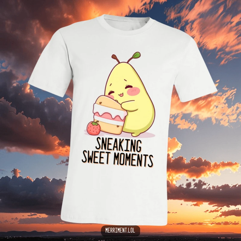 Funny t-shirt graphic of a blushing pear character furtively trying to take a bite from a massive cake, a humorous depiction of temptation.