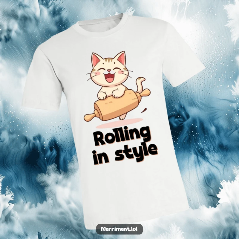 Funny Cat T-Shirt, a cheerful cat with a wide grin, joyfully speeding on a runaway rolling pin, showing pure exhilaration.