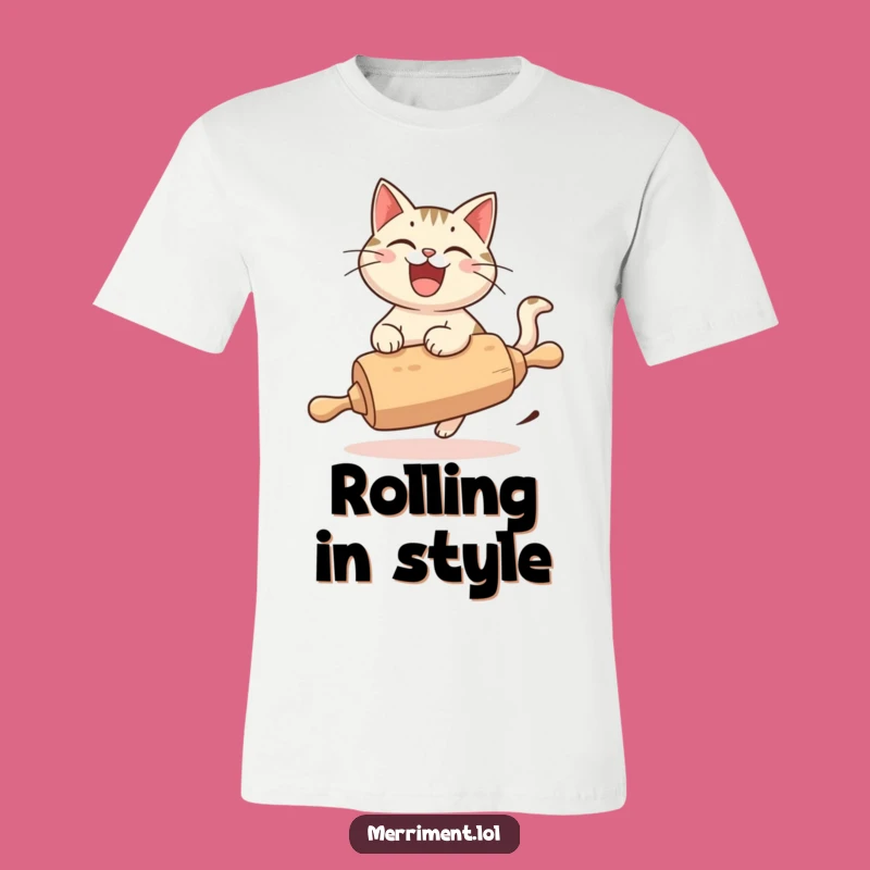 Funny Cat Rolling Pin T-Shirt: Happy Cat's Wild Journey, Hilarious Gift!