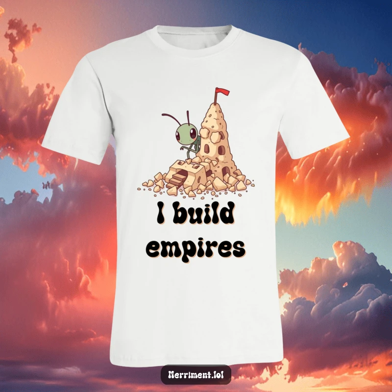 Funny tiny ant t-shirt building a fortress out of crumbs, motivational and humorous apparel.