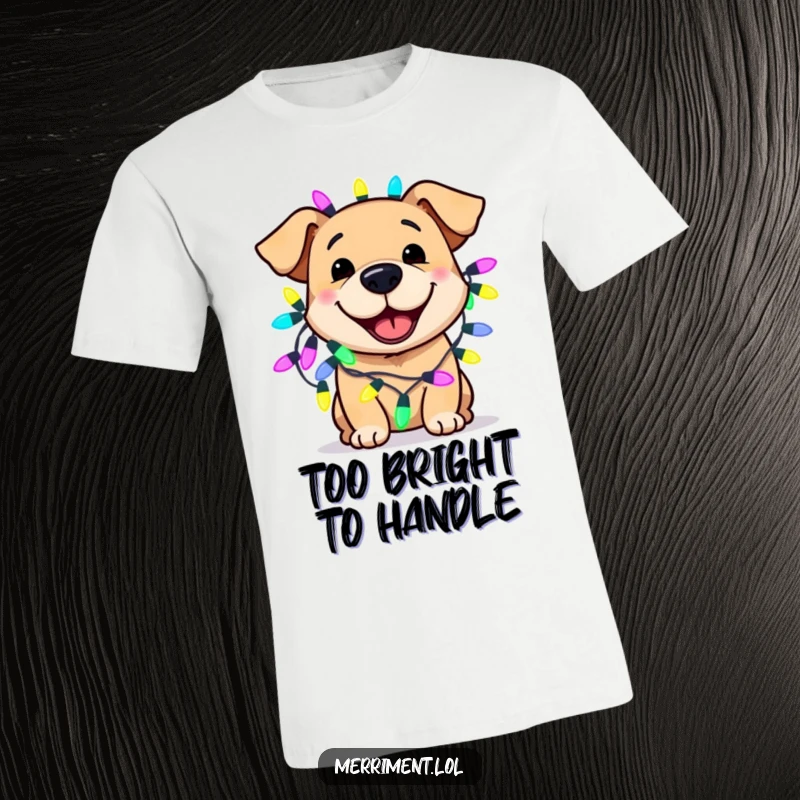 Funny dog t-shirt featuring a smiling dog adorned with brightly colored, oversized fairy lights, embodying festive spirit and happiness.