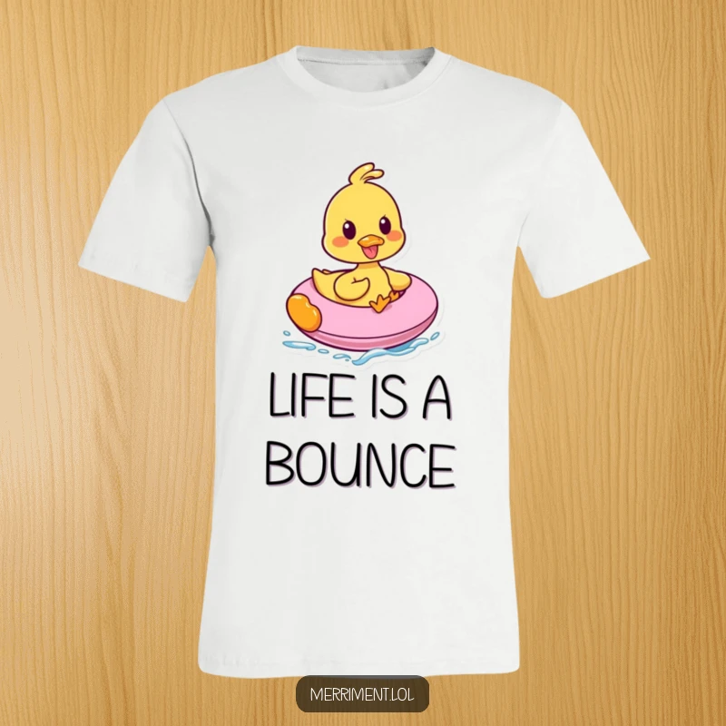 Funny t-shirt showcasing a gleeful duck riding a bright inflatable, quacking triumphantly, embodying pure, unadulterated fun and humor.