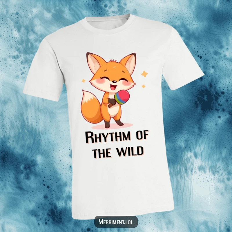 Funny t-shirt graphic of a giggling fox in a silly dance pose, enthusiastically shaking oversized maracas, radiating infectious fun.
