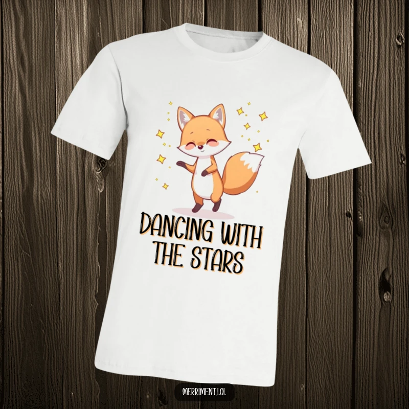 Funny t-shirt depicting a playful fox dancing with tiny, twinkling stars, radiating cosmic energy and whimsical fun.