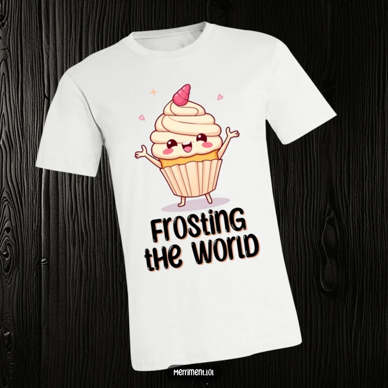 Funny t-shirt graphic of a giddy cupcake character doing a lively jig, with frosting spiraling outwards in a joyous celebration.