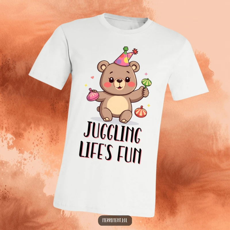 Funny T-Shirt featuring a joyful bear in a party hat, expertly juggling colorful spinning tops with enthusiasm.