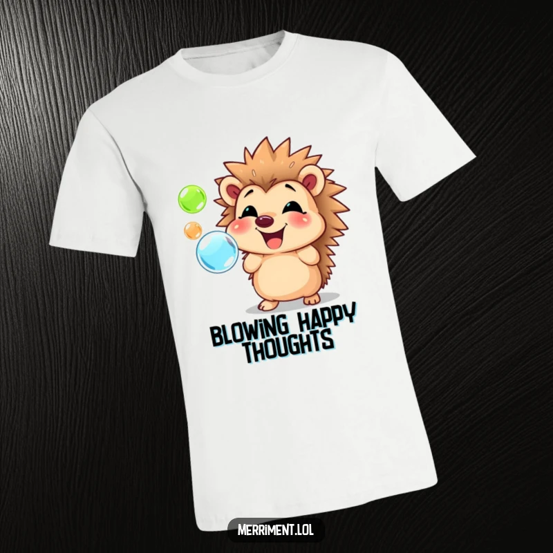 Funny hedgehog t-shirt showing a happy creature with a huge smile, blowing iridescent, colorful bubbles everywhere.