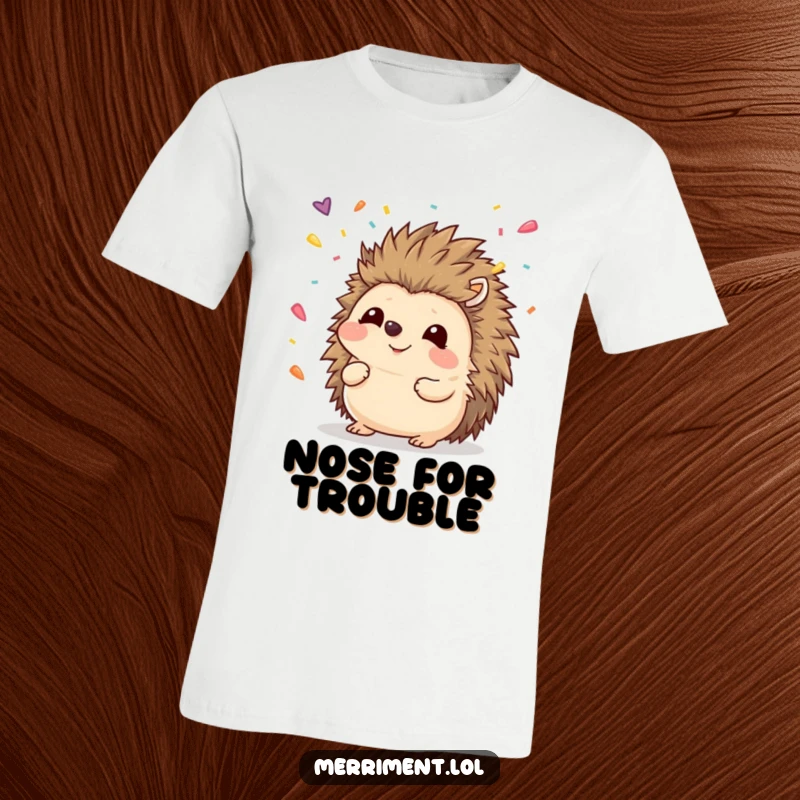 Funny hedgehog t-shirt showing a cute creature trying to catch flying confetti with its nose, a playful design.