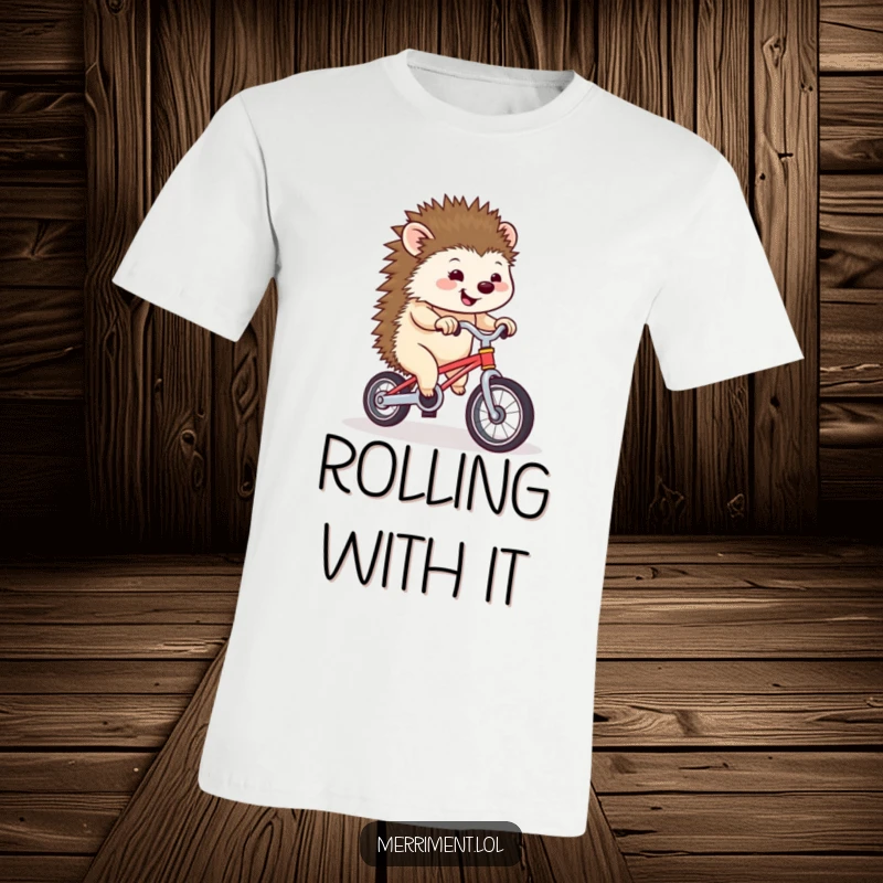 Funny hedgehog with a determined expression, wobbling uncertainly on a miniature unicycle, a humorous design for t-shirt lovers.