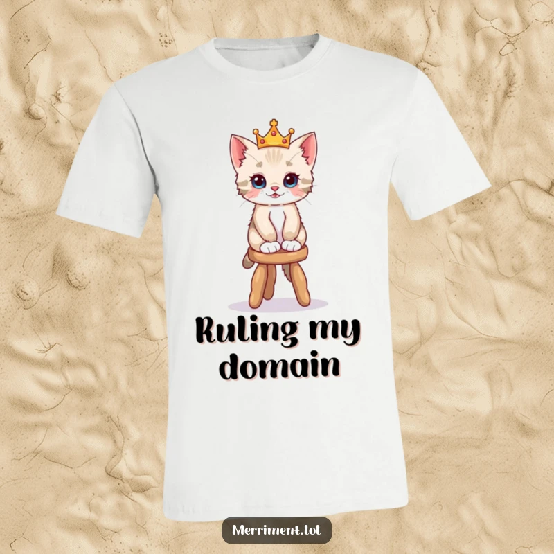 Funny t-shirt graphic of a playful kitten wearing a tiny crown, skillfully balancing on a shaky stool, exuding adorable confidence.