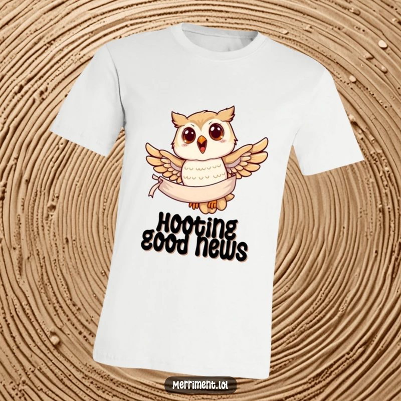 Funny owl t-shirt, a joyful owl in mid-flight, carrying a banner in its talons, symbolizing freedom and messages.