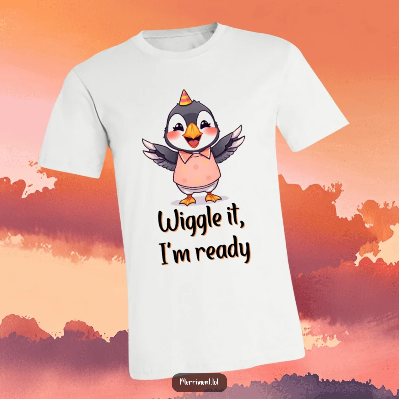 Funny t-shirt featuring a grinning puffin in a vibrant party shirt, enthusiastically wiggling its wings.