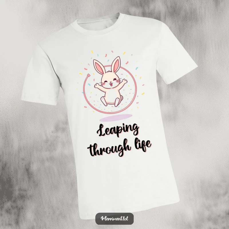 Funny t-shirt graphic of a cheerful rabbit energetically leaping through a hoop, with confetti showering down, symbolizing achievement and joy.