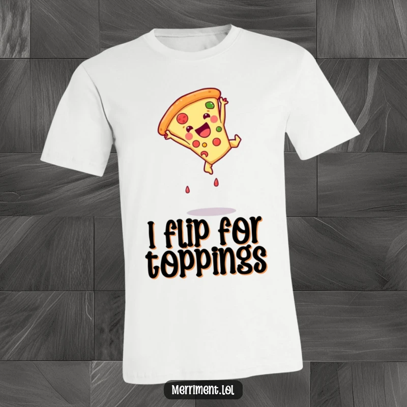 Funny pizza slice t-shirt performing a somersault with glee, showcasing a unique and comical apparel design for food lovers.