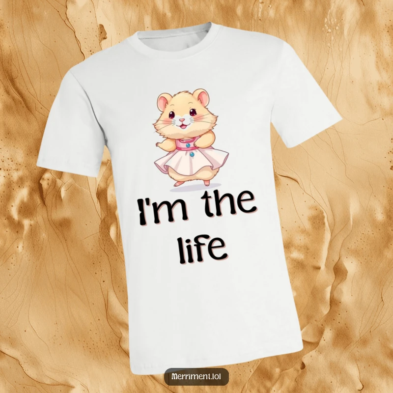 Funny, fluffy hamster in a tiny party dress, twirling happily, a humorous and adorable design for a t-shirt.