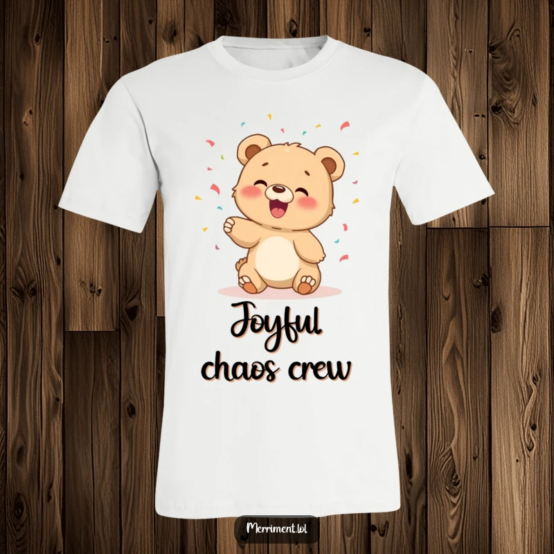 Funny t-shirt of a giggling bear cub joyfully tossing colorful confetti, embodying pure happiness and celebration.