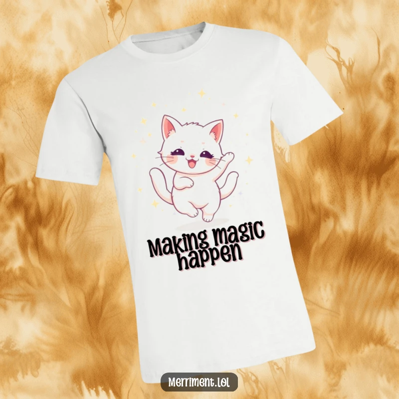 Funny cat t-shirt showing a radiant feline twirling, with shimmering glitter raining down, a dazzling and humorous design.
