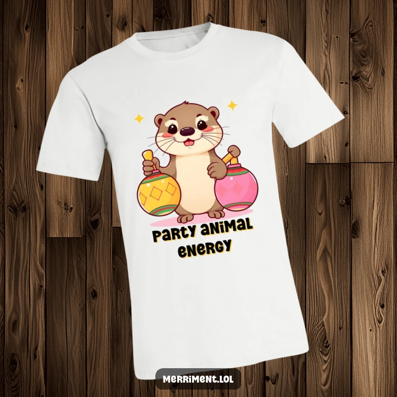 Funny t-shirt print of a playful otter energetically shaking large, colorful maracas, embodying pure party spirit.