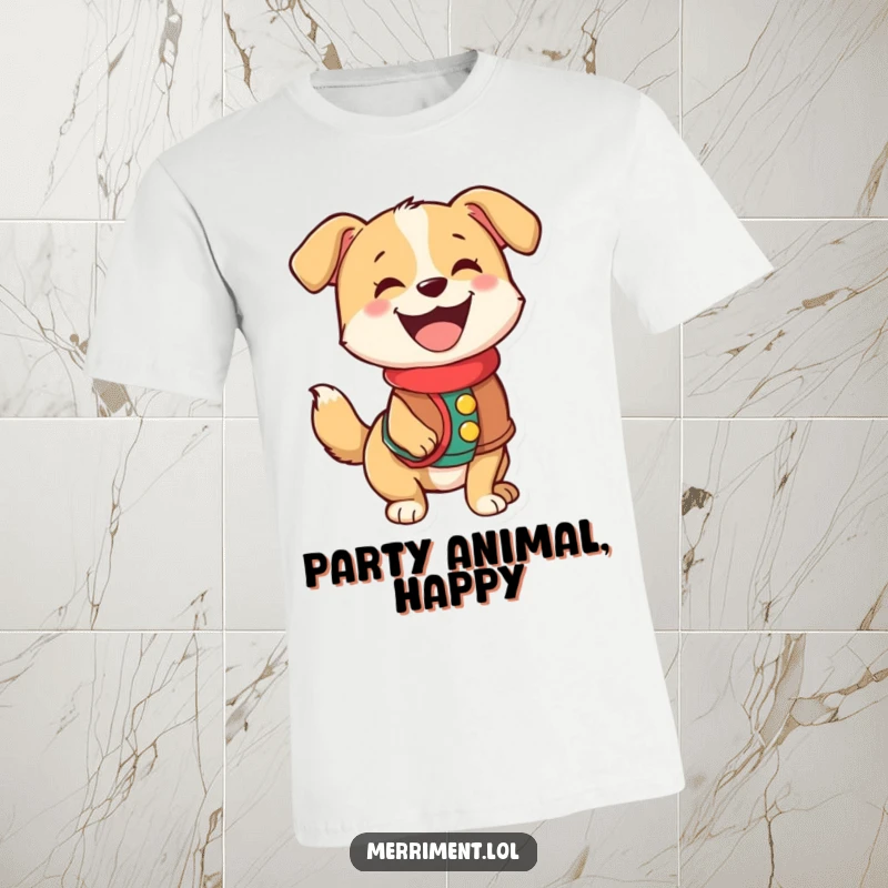 Funny t-shirt showcasing a happy dog in a festive vest, its tail wagging uncontrollably with pure delight.