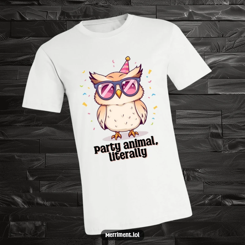 Funny t-shirt featuring a mischievous owl in party glasses, enthusiastically tossing confetti, capturing the essence of a wild celebration.