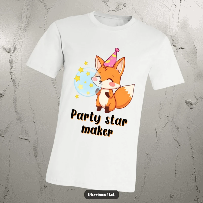 Funny t-shirt featuring a party hat-clad fox joyfully blowing a huge bubble that transforms into shining stars.