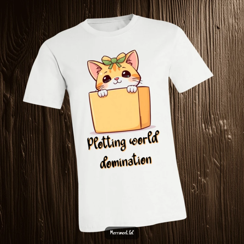 Funny curious cat t-shirt, a sneaky kitten peeking over a large gift box, showcasing its playful and inquisitive nature.