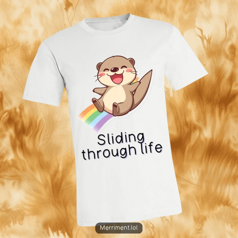 Funny t-shirt with a joyful otter sliding down a rainbow with a big grin, radiating colorful happiness and playful energy.