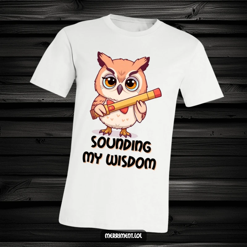 Funny t-shirt graphic of a determined owl wearing a silly bowtie, joyfully playing a large kazoo, exuding quirky musical energy.