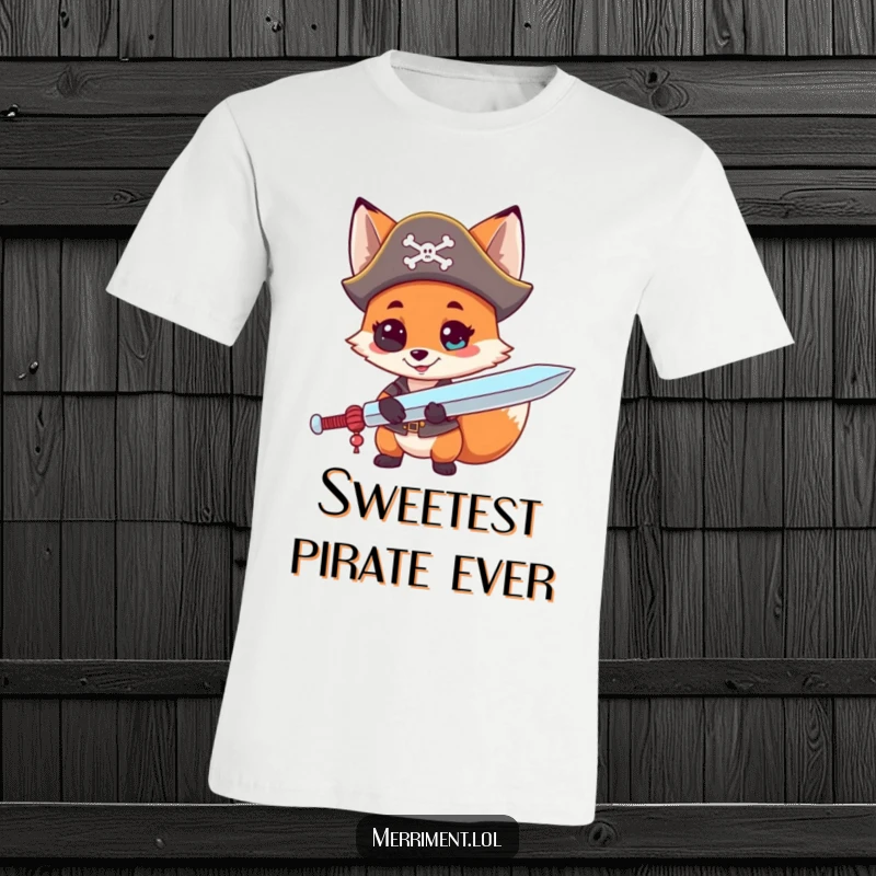 Funny t-shirt print of a curious fox in a pirate hat, brandishing a giant lollipop as a sword, ready for mischief.