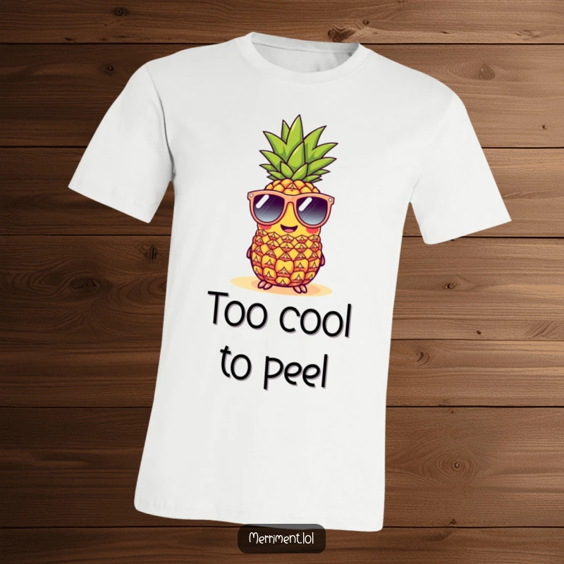 Funny cheerful pineapple t-shirt wearing oversized sunglasses at a beach, cool tropical and humorous design.