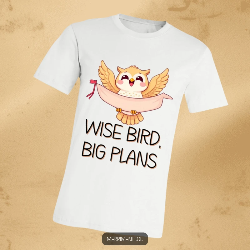 Funny joyful owl t-shirt soaring gracefully with a banner announcing good news, ideal for expressive personalities.