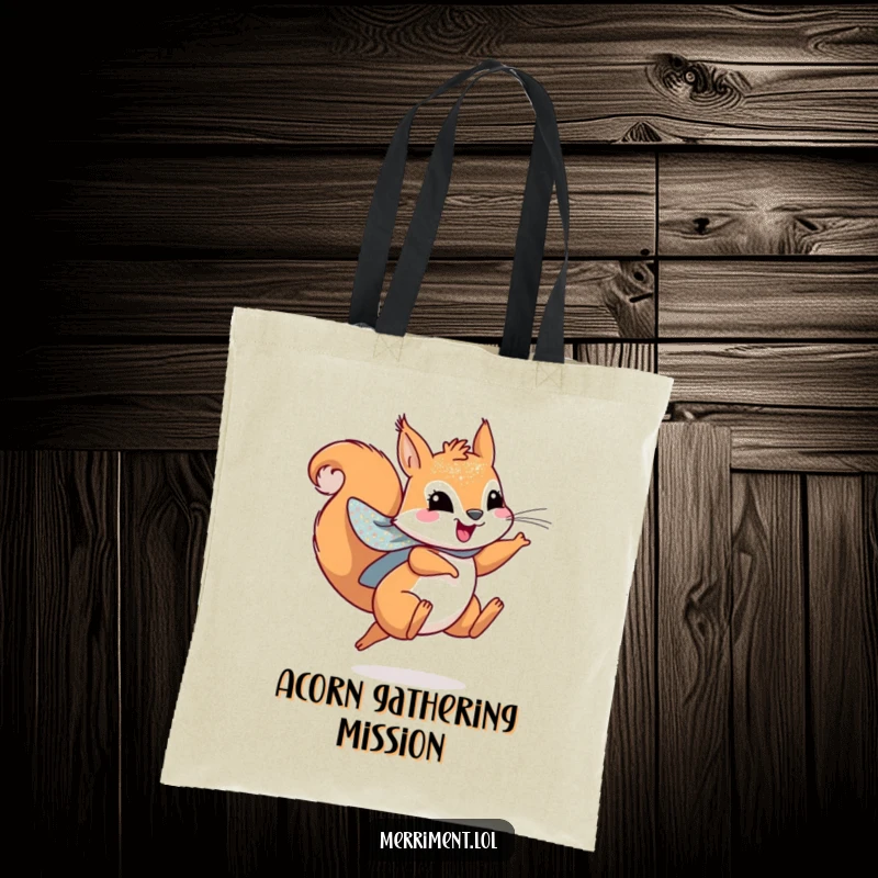 Funny tote bag with a playful squirrel wearing a sparkly cape, leaping joyfully, perfect for everyday missions.