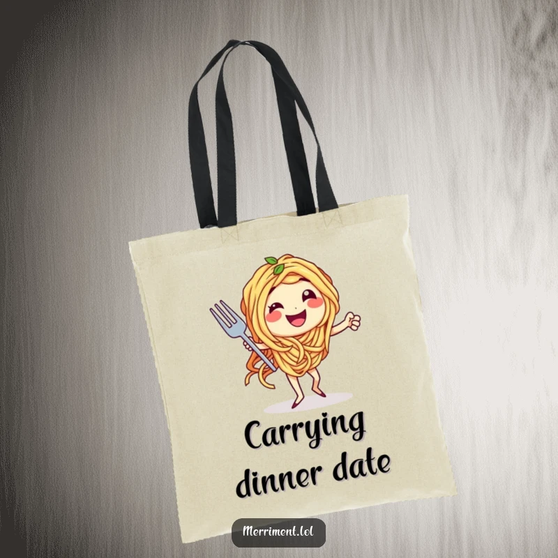 Funny tote bag design of spaghetti strands in a tango with a fork, carrying your items with culinary charm and humor.