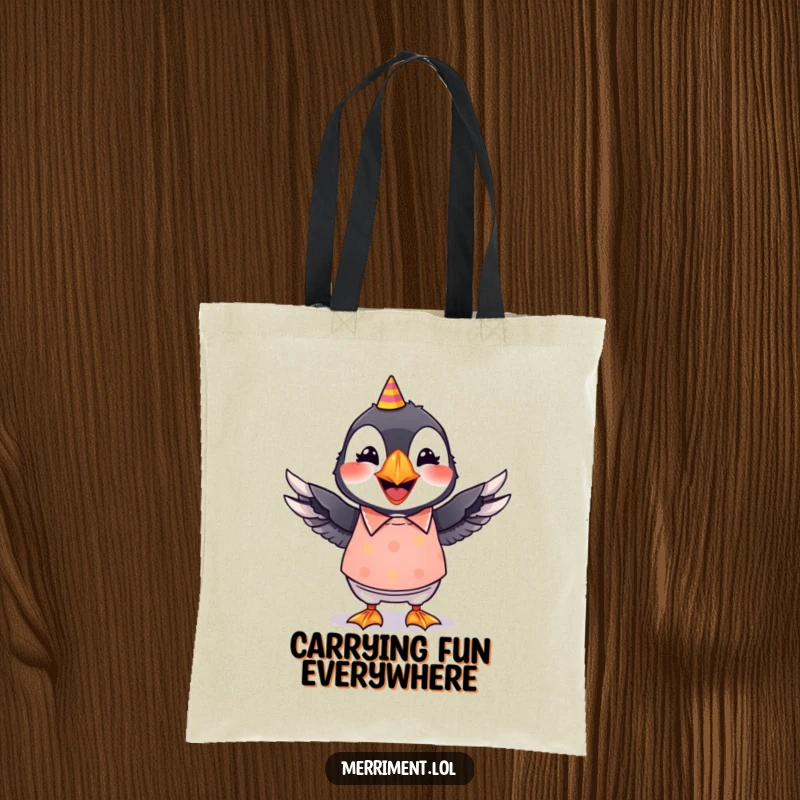 Funny tote bag featuring a grinning puffin in a bright party shirt, its wings wiggling energetically.