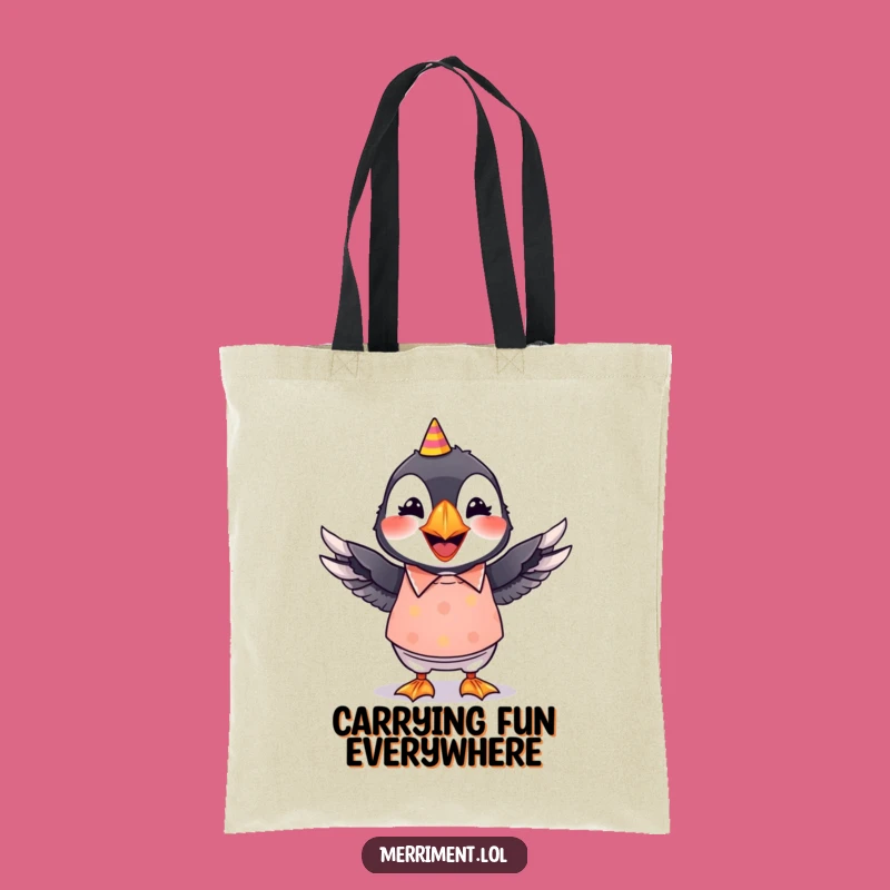 Funny Puffin Tote Bag: Grinning Party Puffin, Wiggling Wings, Carry Your Fun Gift