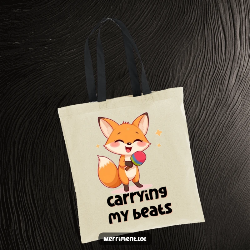 Funny tote bag showcasing a giggling fox in a comical dance, shaking large maracas, perfect for carrying essentials with a smile.
