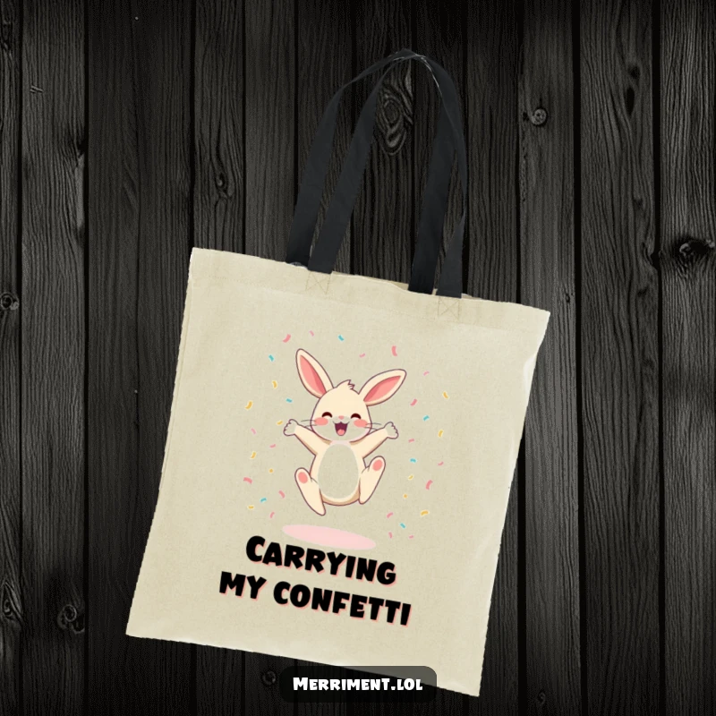 Funny tote bag with a happy bunny doing a cartwheel and showering confetti, ideal for carrying joy and essentials.
