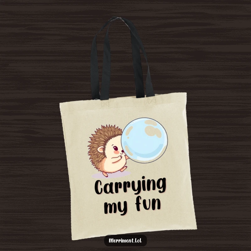 Funny hedgehog tote bag featuring a fluffy animal eagerly chasing a comically large, bouncing soap bubble, perfect for carrying essentials with playful humor.
