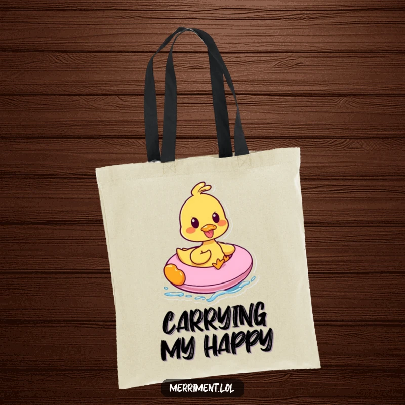 Funny tote bag with a delighted duck quacking joyfully while riding a buoyant inflatable, perfect for carrying essentials and smiles.