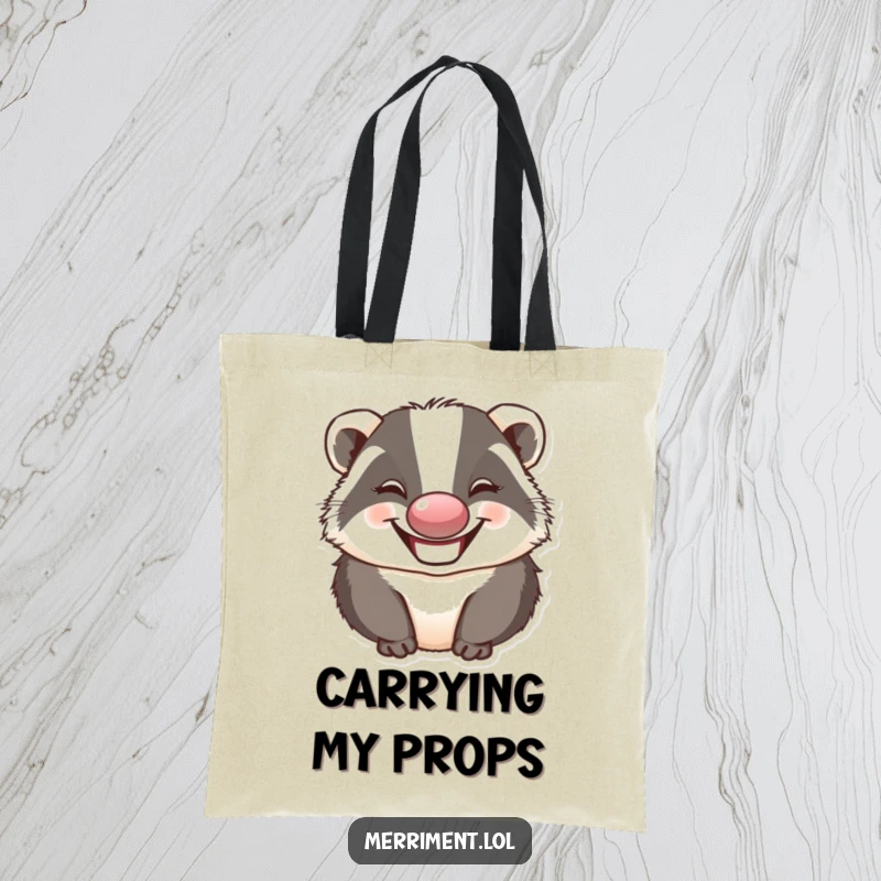 Funny grinning badger wearing a clown nose and making a silly face, perfect for a humorous and practical tote bag.