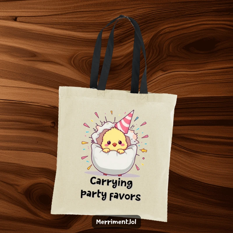 Funny chick tote bag showing a fluffy bird emerging from an exploding party popper, a charming and humorous accessory for daily use.