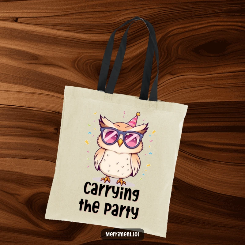 Funny tote bag featuring a party-ready owl in glasses, scattering confetti, perfect for carrying party supplies or daily necessities.